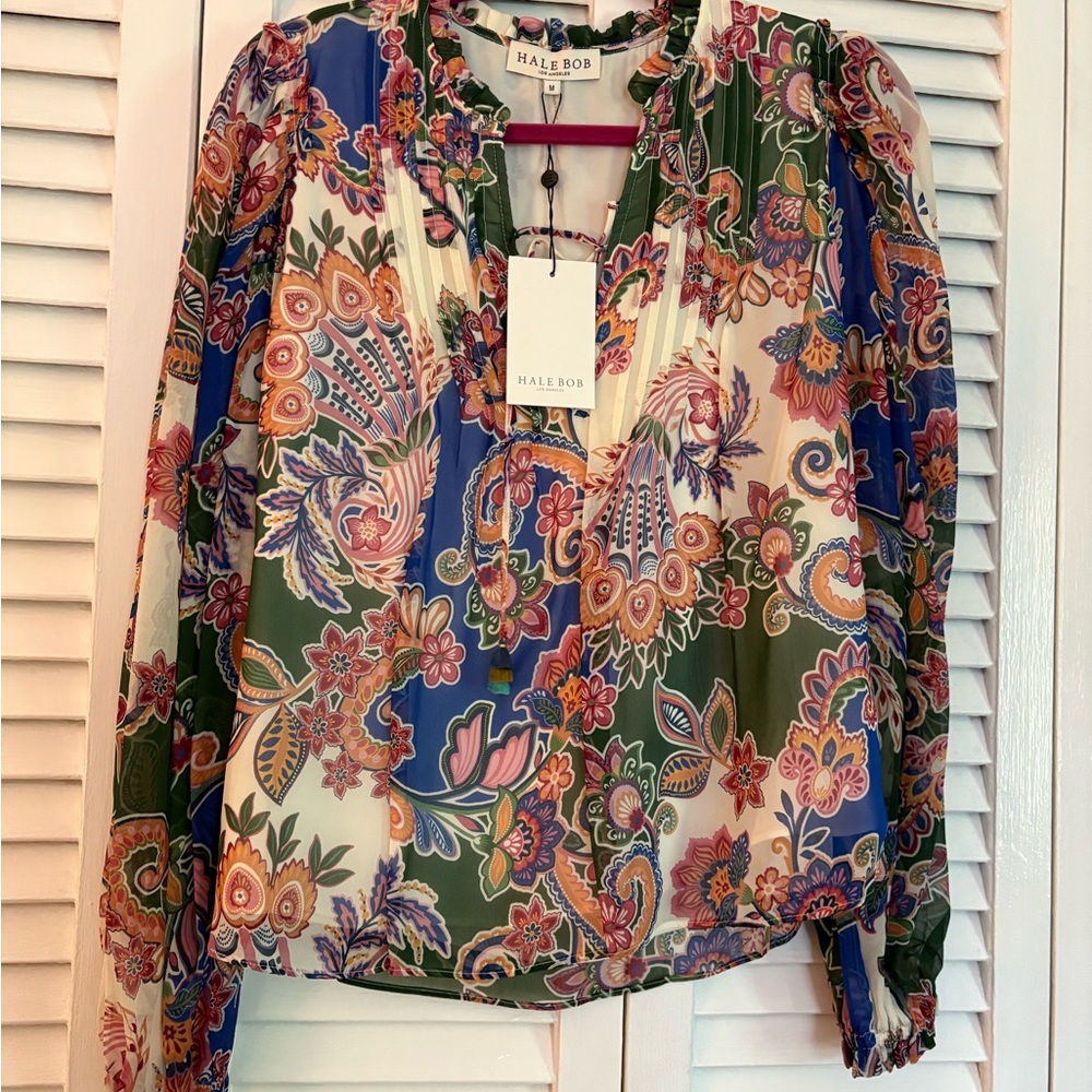 Hale Bob Pink and Green Graphic Blouse with Mandarin Collar